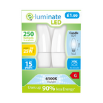 E-Luminate 3W E27 Candle LED Bulb - 250lm - 6500K - 2 Pack