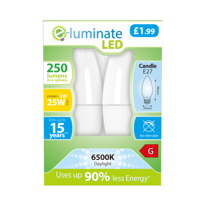 E-Luminate 3W E27 Candle LED Bulb - 250lm - 6500K - 2 Pack