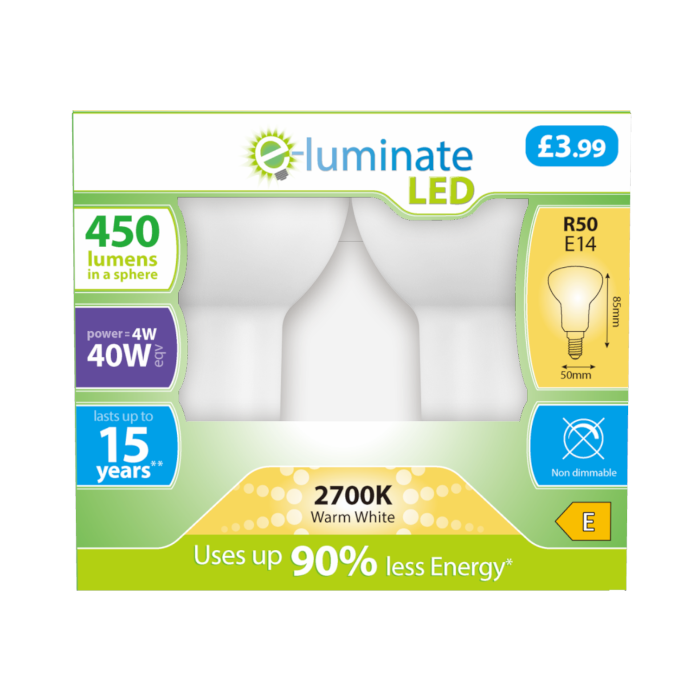 E-Luminate 4W R50 (E14) LED Reflectors - 450lm - 2700K - 2 Pack
