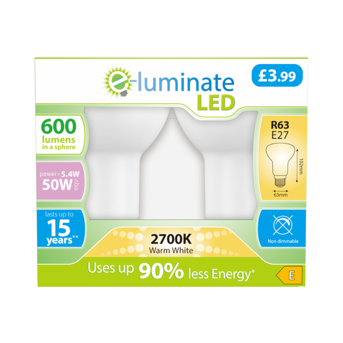 E Luminate 5.4W R63 E27 LED Reflectors 600lm 2700K 2 Pack
