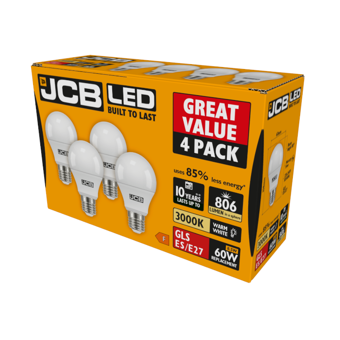 JCB 8.5W E27 Standard GLS LED Bulb - 4 Pack - 806lm - 3000K