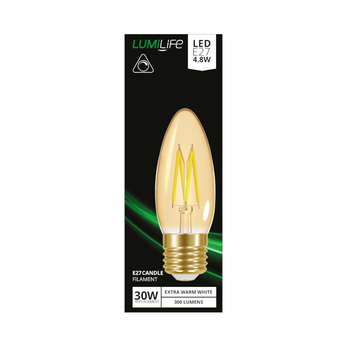 LUMiLiFe 4.8W E27 Candle Filament - Dimmable - 330lm - 2200K