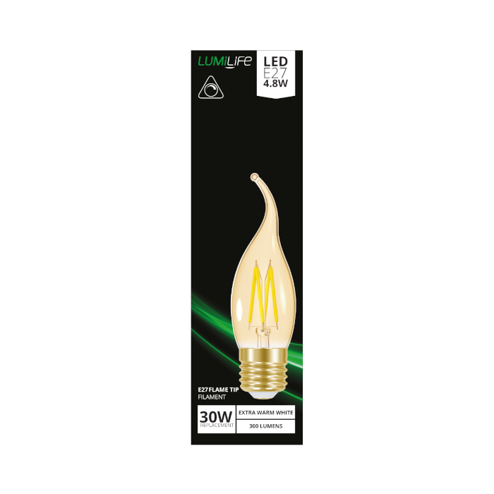LUMiLiFe 4.8W E27 Flame Tip Filament - Dimmable - 330lm - 2200K
