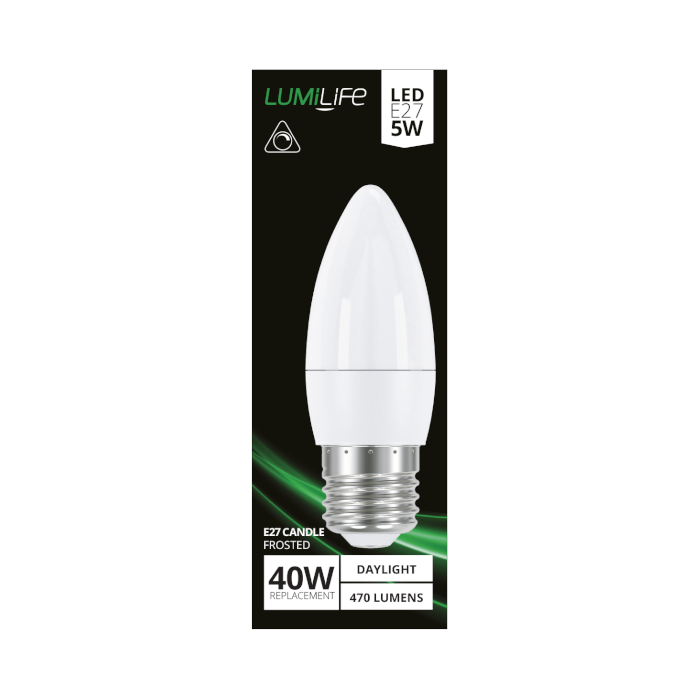 LUMiLiFe 5W E27 Candle LED Bulb - Dimmable - 470lm - 6500K
