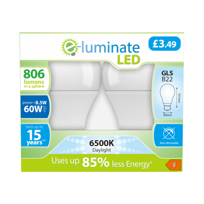 E-Luminate 8.5W B22 GLS LED Bulb - 806lm - 6500K - 2 Pack