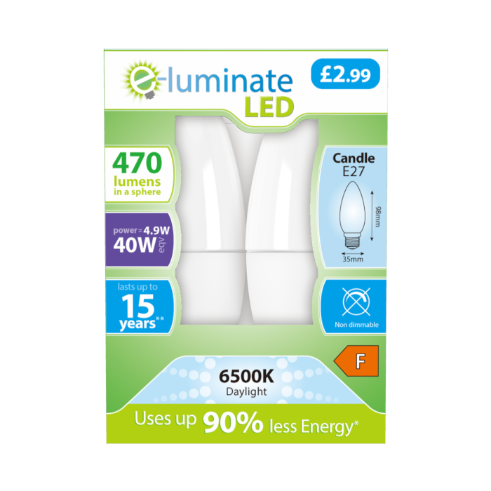 E-Luminate 4.9W E27 Candle LED Bulb - 470lm - 2700K - 2 Pack