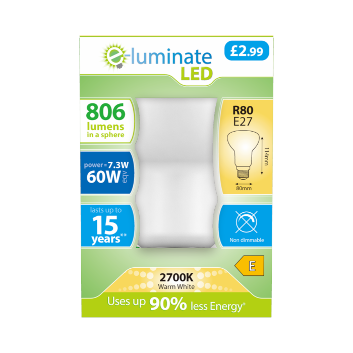 E-Luminate 7.3W R80 (E27) LED Reflector - 806lm - 2700K