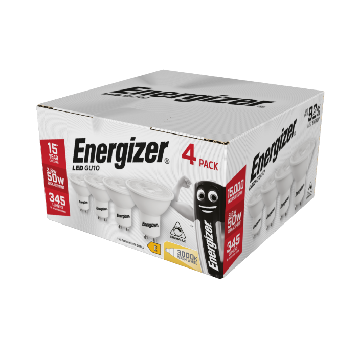 Energizer 3.6W GU10 LED Spotlight - 4 Pack - Dimmable - 345lm - 3000K