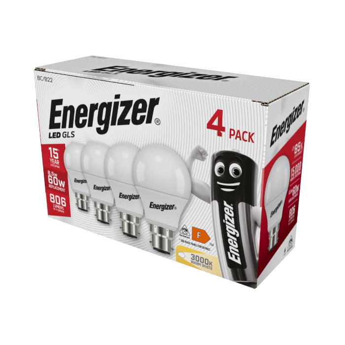 Energizer 8.5W B22 Standard GLS LED Bulb - 4 Pack - 806lm - 3000K