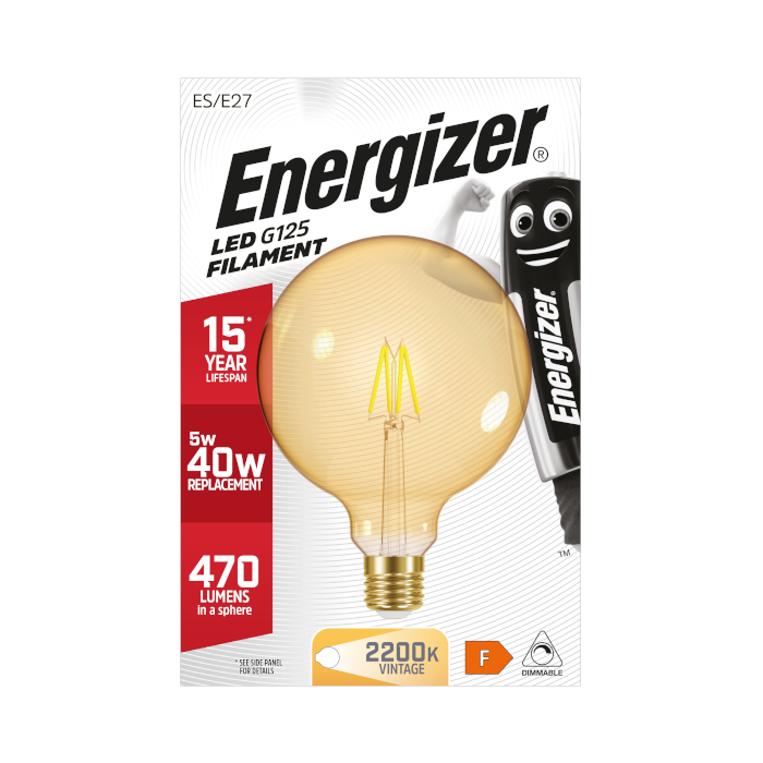 Energizer 5W E27 Globe Filament - Dimmable - 470lm - 2200K
