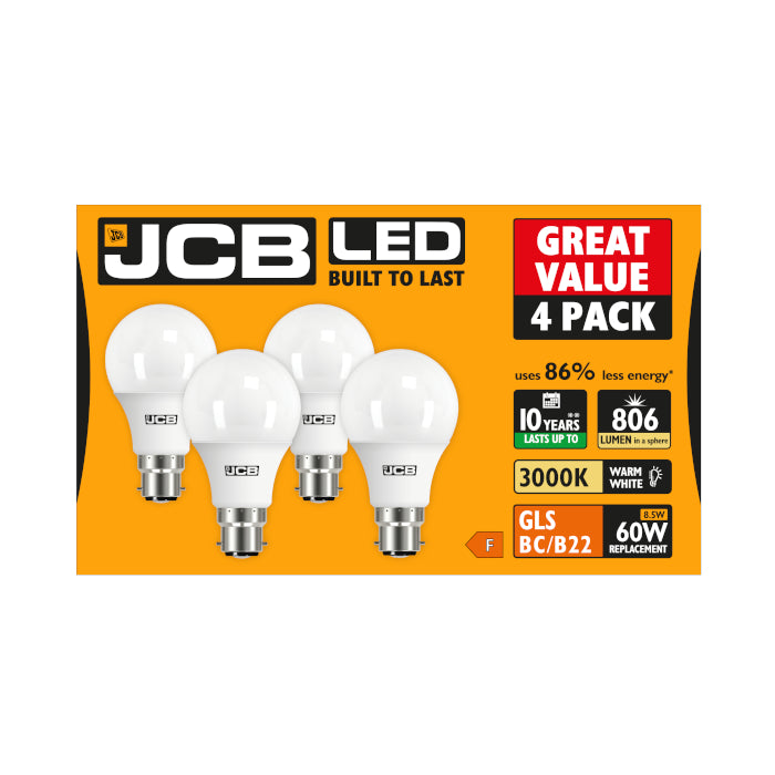 JCB 8.5W B22 Standard GLS LED Bulb - 4 Pack - 806lm - 3000K