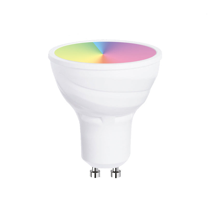 Smart GU10 light bulb with RGB color display on a white background
