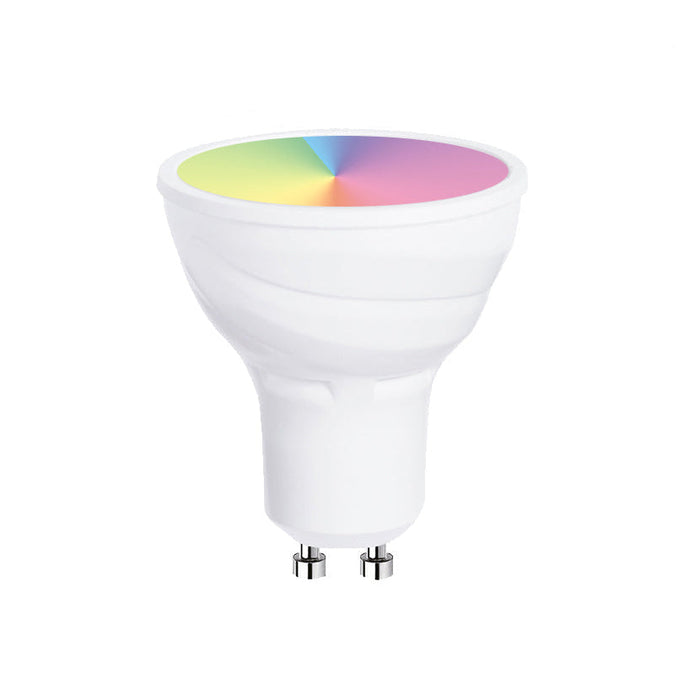 Smart GU10 light bulb with RGB color display on a white background