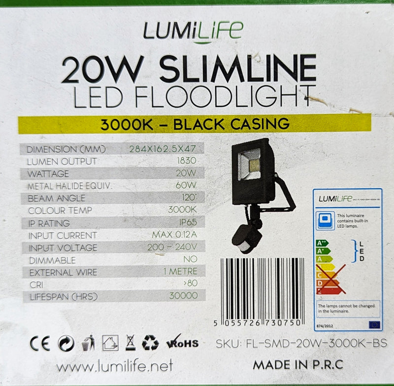 20W SMD Slimline LED Flood Light - IP65 - Warm White - Sensor