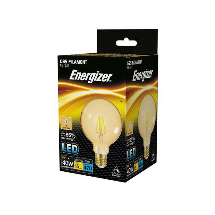 Energizer 4.5W E27 Globe Filament LED - 470lm - 2200K - Gold - Dimmable